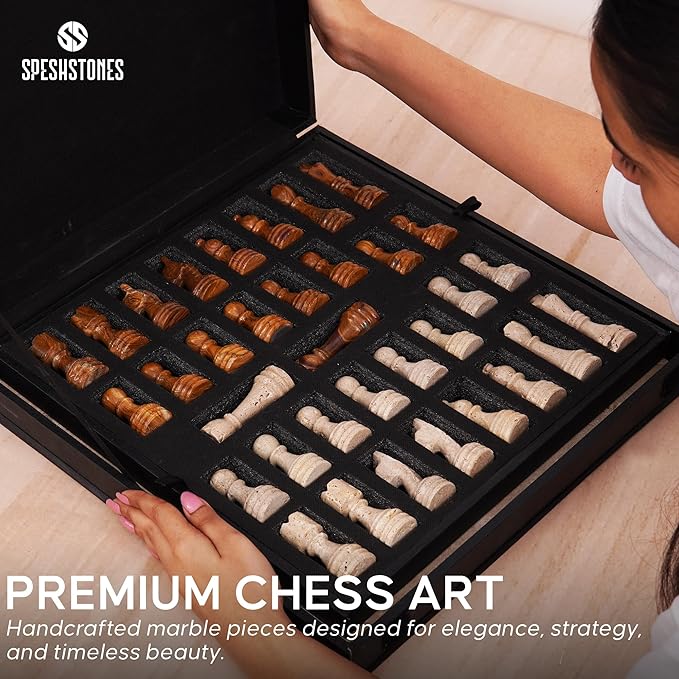 Marble Chess Set 15 Inch Travertine & Brown Checkers Board Game with Pieces, 2 Extra Queens and Storage Box, Strategy Set for Adults & Family, Travel, Tabletop Play