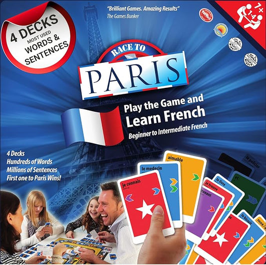 Learn French Board & Card Game Race to Paris | Fun for Family Kids Adults School | Play & Talk French Language | 4 Decks, Speak 100's of Words & Vocabulary in a Flash | Boardgame, 1–4 Players