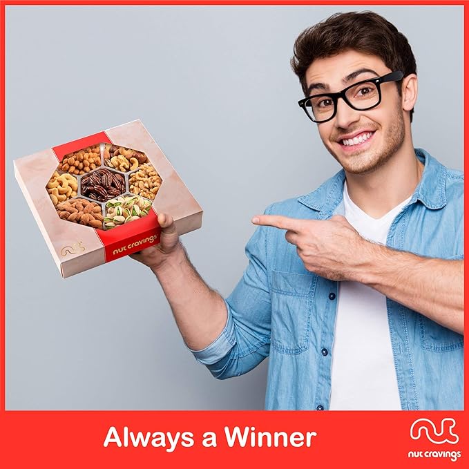 NUT CRAVINGS - Mixed Nuts Gift Basket in Red Gold Box (7 Assortments, 2 LB) Food Arrangement, Healthy Snack Care Package, Kosher