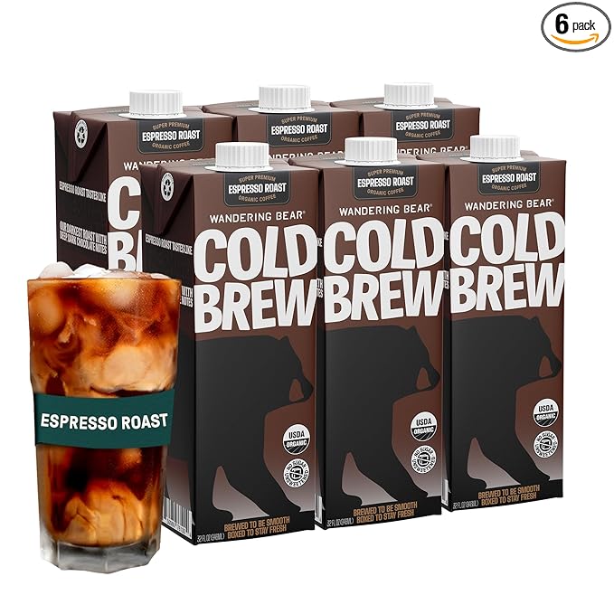 Wandering Bear Espresso Roast Organic Cold Brew Coffee, 32 fl oz, 6 pack - Extra Strong, Bold, Smooth, Unsweetened, Shelf-Stable, Ready to Drink, 100% Organic, Iced Cold Brewed Coffee Drinks