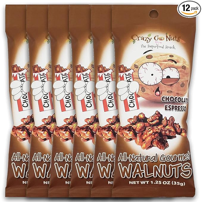 CrazyGoNuts Walnuts - Chocolate Espresso, 1.25 oz, 6-Pack, Healthy Snacks, Vegan, Gluten Free, Superfood, Natural, Non-GMO, ALA, Omega 3 Fatty Acids, Good Fats, Antioxidants