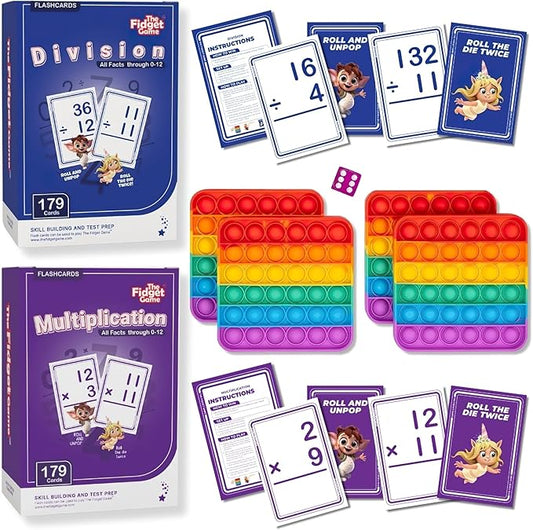 The Fidget Game 358 Math Bundle Multiplication and Division Flash Cards Set All Facts 0-12 for Kids in 2nd, 3rd and 4th Grade Classroom or Homeschool - Includes Popping Mats and Die