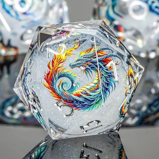 Dragon Pattern Liquid Core DND Dice Set, 7Pcs Sharp Edge D&D Dice with Gift Box, White Resin Dungeons Dragons D and D Role Playing Dice D20 D12 D10 D8 D6 D4