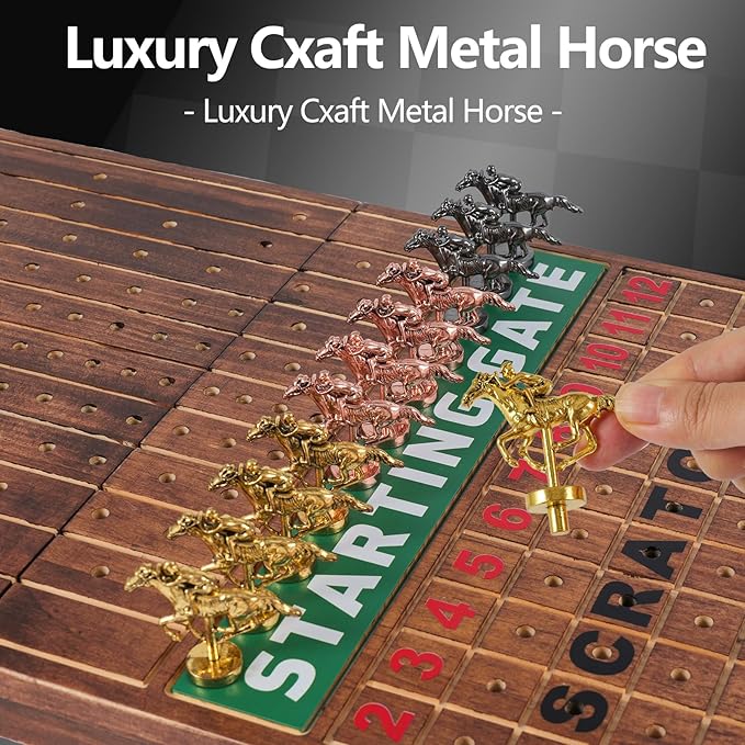 Wooden Finish Line Horse Racing Board Game Equipped with 11 Luxury Metal Craft Horses Adult Chessboard Including 2 Dice and 2 Boxes of Cards Folding Box Game Board(Flame)