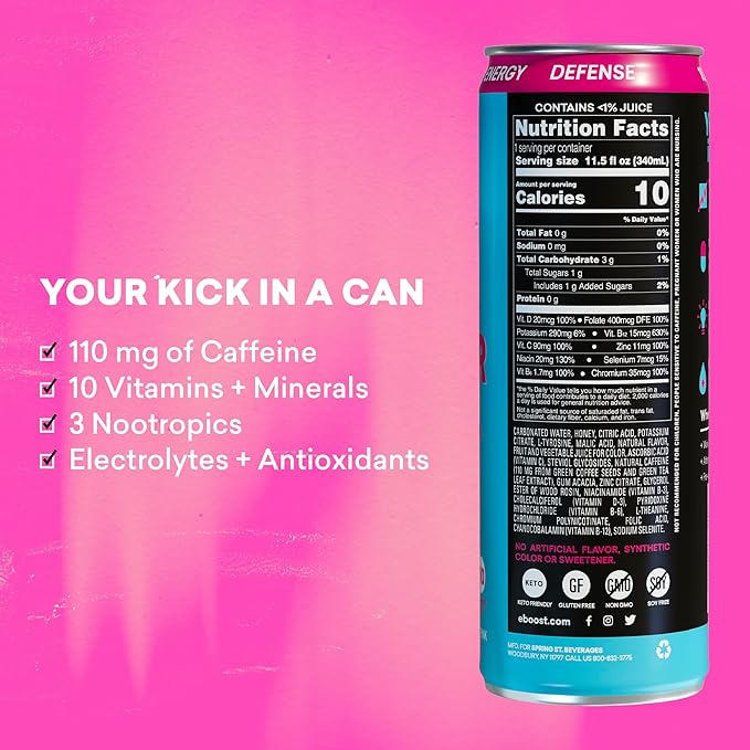 EBOOST Super Fuel Energy Drink - Blue Raspberry - 12 Pack x 11.5 Fl Oz - Caffeine from Natural & Clean Ingredients - Essential Electrolytes, Nootropics, and Vitamins - Sports Preworkout Drink