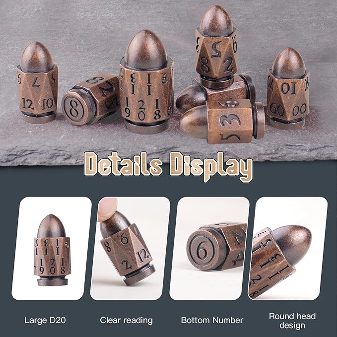 Bullet Dice PCCECQEE,Metal DND Dice Set of 7 Piece,Large D20 Dice Polyhedral Role Playing for Dungeons and Dragons MTG RPG Board Games (Copper)