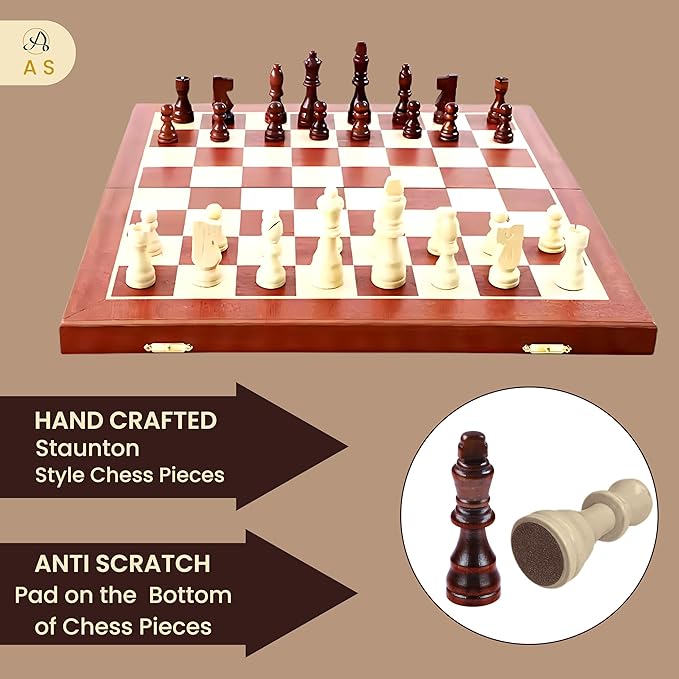 AS Chess Board for Adult | Wooden Walnut Chess & Checkers Set - Chess Board Game | Foldable -15 Inch - 2 Extra Queens | Magnetic Chess Game with Storage Slot | Travel Unique Portable (Sapele 15 inch)
