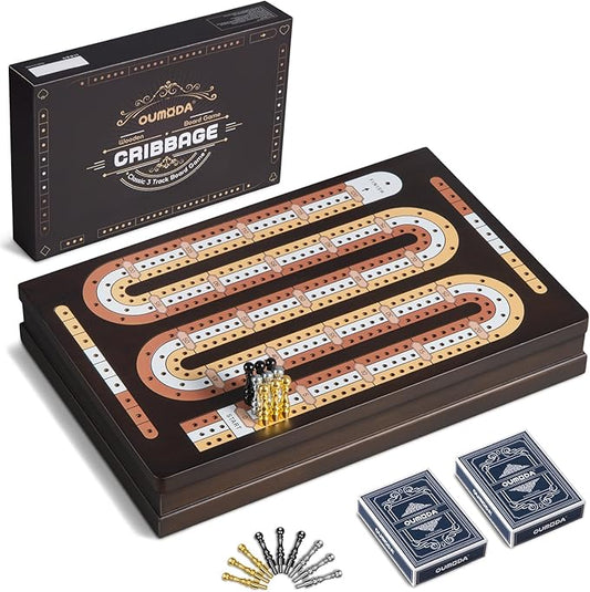 Wooden Magnetic Cribbage Board Game| Travel 3-Track Scoreboard Set| 2 Playing Cards| 9 Metal Pegs| Compact Size for Travelling Game Night (Instruction Included)