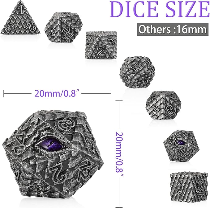 Metal Dice Set D&D,7 PCS Dragon Scale Metallic DND Dice Set,Dragon Eye Metal Dice with Grogeous Gift Case for Dungeons and Dragon Tabletop Game (Old Grey Dragon Scale & Purple Eye)