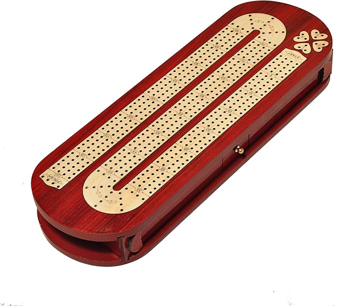 PALM ROYAL HANDICRAFTS 4 Track Wooden Cribbage Board Set Inlaid in Blood Wood and Maple Wood with pegs and Cards Storage Available. 4 Player Cribbage Board (15 x 5 Inches)
