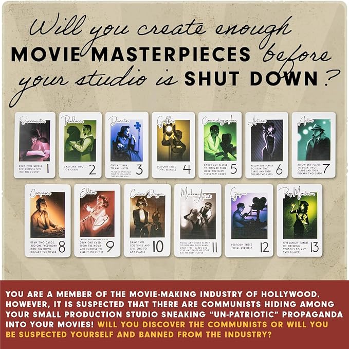 Hollywood 1947 Board Game, Movie Making Game for Friends and Family, Board Game of Cards, Strategy, and Deceit, for 1-9 Players, Ages 14+ - Deluxe