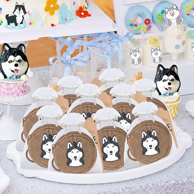 36 Pack Husky Change Purses Set Include 12 Husky Wallets with Keyrings,12 Thank You Tags and 12 Organza Bags for Dog Themed Pet Party Lets Pawty Baby Shower Birthday Decoration,Brown