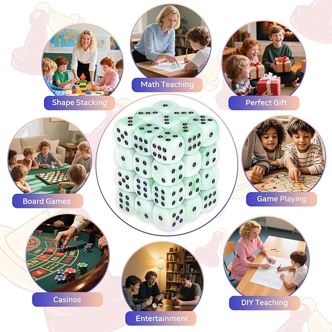 36 Pieces 12mm 6 Sided Mini Dice Set,Mixed Colours Swirls D6 Game Dice Set,6 Sided Standard Game Dice for Board Games Dice Games Classroom Teaching Dices Game,with Portable Gaming Box(Green & White)