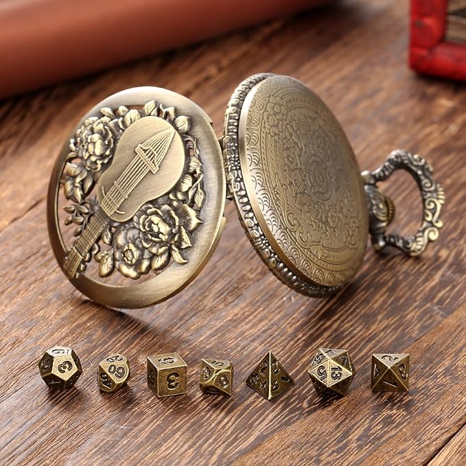 Bronze Mini DND Dice Set with Hollow Bard Pocket Watch Shell Case, Steampunk DND Gifts with Dice Bag, 7pcs Polyhedral Metal Dice Set, D&D Starter Set, Role Playing Board Games Accessories, Bard Gift