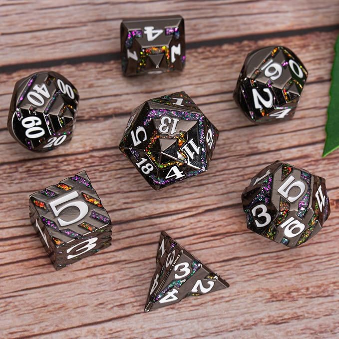 Metal Dice Set DND,Metallic Glitter Stripes D&D Dice Set,7 PCS Polyhedral Dice Set with Gift Case for Dungeons and Dragons Tabletop Game(Black Nickel Bicolor)
