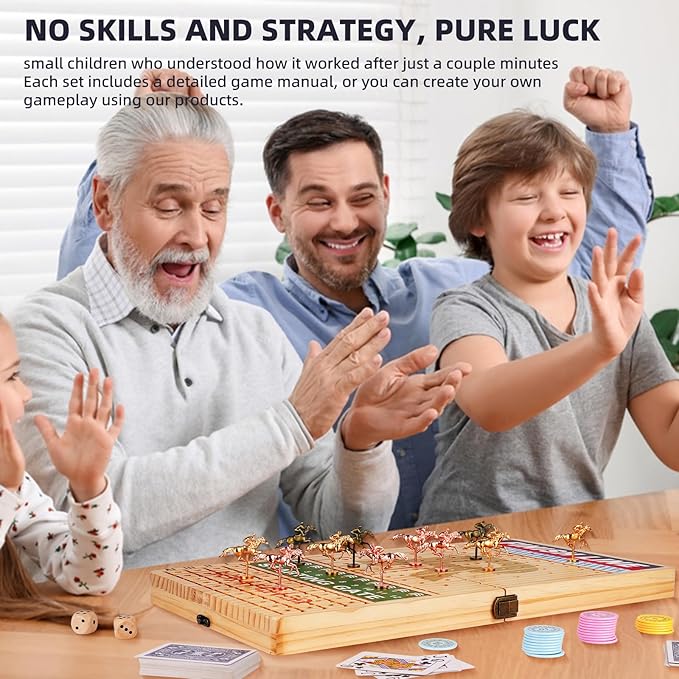 21 Inches Horse Race Board Game, Horse Racing Game with Cards and Dice, 11 Metal Horses, 60 Pcs Poker Chips Set, Solid Wood Across The Board Horse Race Game for Adults Family Friends