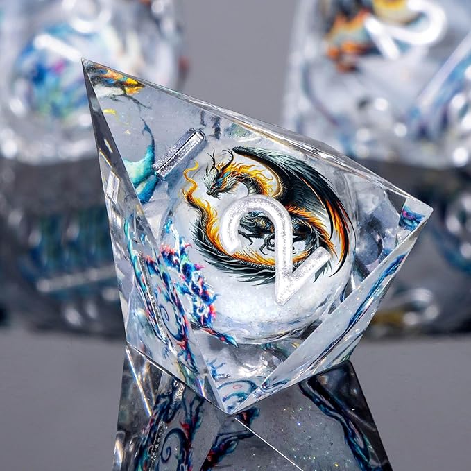 Dragon Pattern Liquid Core DND Dice Set, 7Pcs Sharp Edge D&D Dice with Gift Box, White Resin Dungeons Dragons D and D Role Playing Dice D20 D12 D10 D8 D6 D4