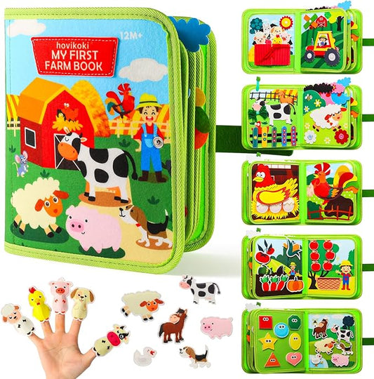 Busy Book for Toddlers 1-3 - Montessori Toys Busy Board for 1 Year Old Boy Girl Toys Educational Quiet Activity Books Learning Board Toddler Airplane Travel Toy Birthday Gift - Farm Animals