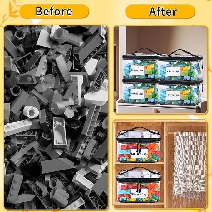 6 Packs Toy Storage Bags with Manual Pocket, Reusable Clear PVC Board Game Storage, Travel Waterproof Storage bag organizer with Zipper for Building Blocks, Board Game, Puzzle, Books