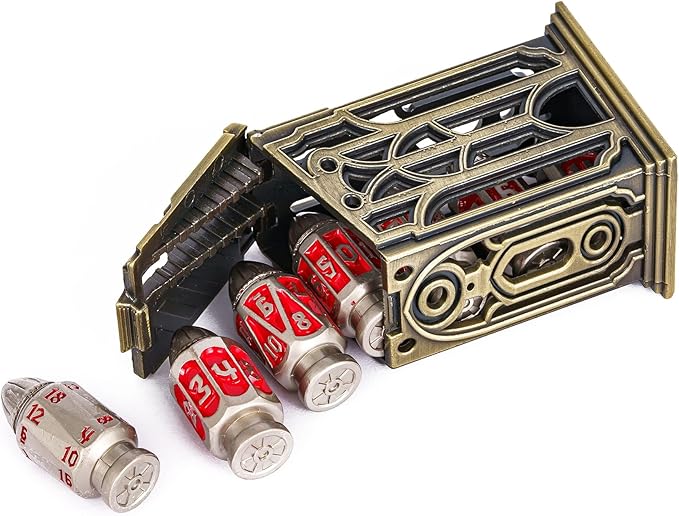 UDIXI Metal Dice Set D&D 7-Die RPG Polyhedral Bullet Dice Set Cyberpunk Style with Metal Container for Role Playing Game or Other Tabletop Games(Nickel Red)