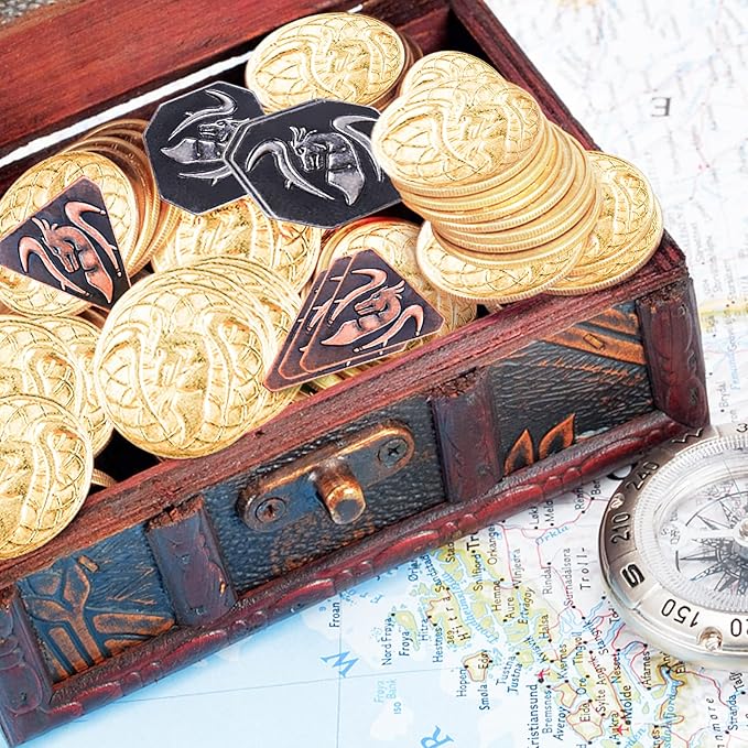 70PCS Metal DND Coins & PU Leather Bag, Contains 30 Gold, 20 Silver & 20 Copper Coins, Fantasy Board Game Tokens with Retro Leather Pouch
