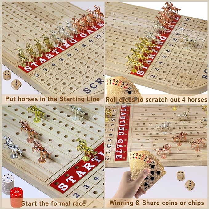 Horse Race Board Game, 23IN Horse Racing Board Game for Adults with Wooden Horse Game Board, 11 Luxurious Metal Horses, 100PCS Chips, 2 Wooden Dice and 2 Decks of Cards