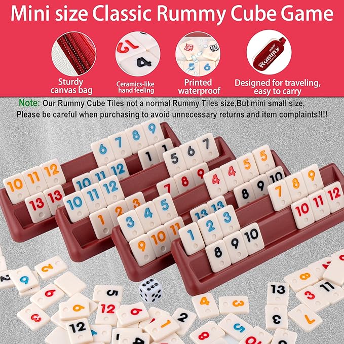 Smilejoy Mini Rummy Cube 4 Players Edition,Travel Rummy Game Set with Portable Canvas Bag,Classic Board Game for Adults and Kids |106 Tiles | 4 Playing Racks |1 Dice | (2-4 Player) 