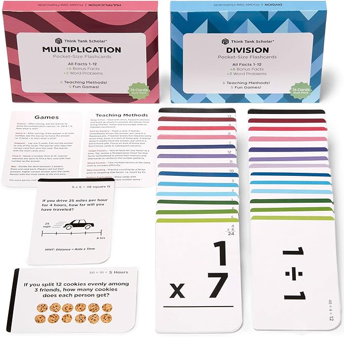 Think Tank Scholar Multiplication and Division Flash Cards (300 Facts), Award Winning, Math Facts 1-12 Flashcards Set - Kids Ages 8+ 3rd, 4th, 5th, 6th Grade - 6 Teaching Methods, 5 Games for Learning