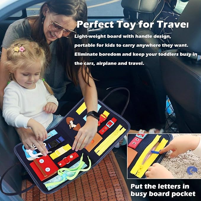 Esjay Toddler Busy Board, Sensory Board for Fine Motor Skill, Montessori Toys Educational Learning Toddler Activities for Travel Car Airplane, Toys Gifts for Boys Girls,Blue Alphabet