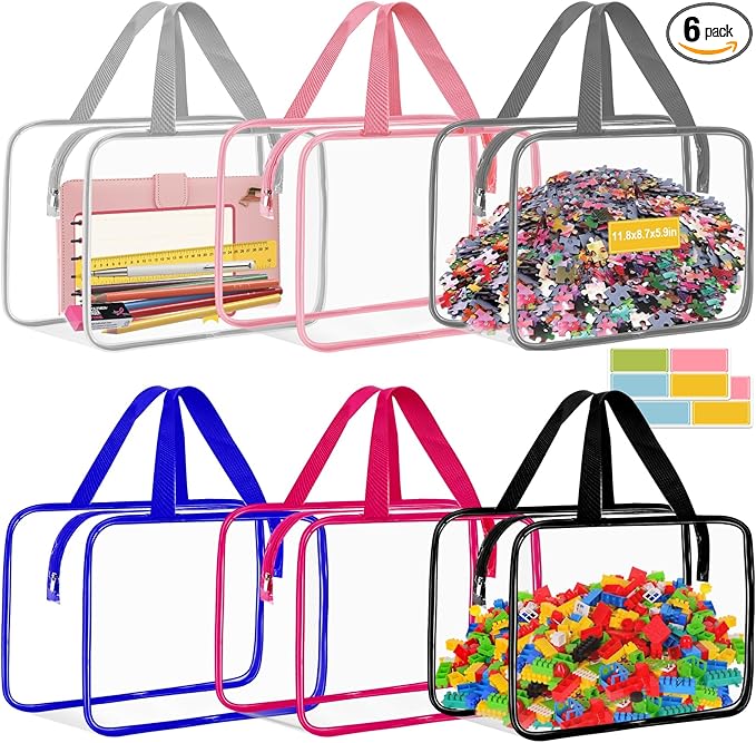 AOBOPLE 6 Pack Extra Large Toy Storage Bags with Zipper,11.8×8.7×5.9in Reusable Clear Toy Organizer Bags with Labels Toy Bags for Board Games, Building Blocks, Puzzles, Small Toys and Kids Books