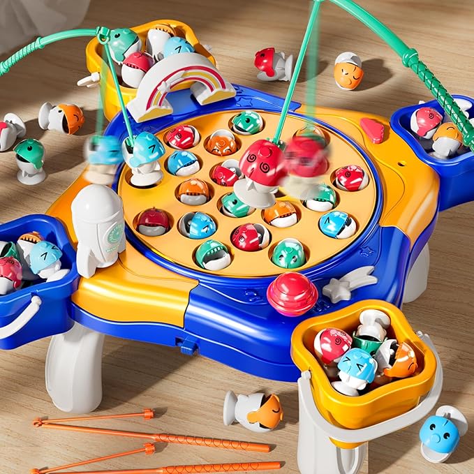 Magnet Fishing Game for Kids Toddlers Aged 3 4 5 6 7 8 - Fishing Toys with 48 Fishes Toys, 8 Poles, Rotating Board Game with On-Off Music, Educational Birthday Gifts for Boys Girls 1-3(Blue)