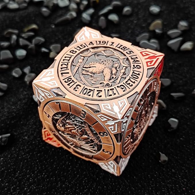 2025 New DND Spinner Dice, 7-in-1 Metal Dice Set with 3D Relief for Dungeons and Dragons Gifts, Polyhedral Roleplaying Game Dice, Fantasy D&D Tabletop RPG Accessories for DM & Player (Red Copper)