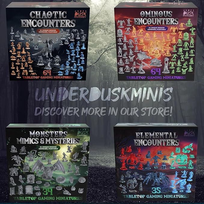Underdusk: Chaotic Encounters - 64 Unpainted Tabletop Miniatures for D&D, Pathfinder & RPGs | Monster Figures Starter Pack with Stat Blocks