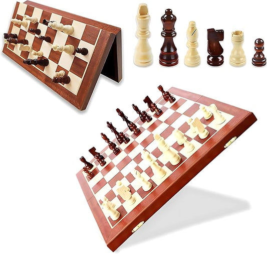 AS Chess Board for Adult | Wooden Walnut Chess & Checkers Set - Chess Board Game | Foldable -15 Inch - 2 Extra Queens | Magnetic Chess Game with Storage Slot | Travel Unique Portable (Sapele 15 inch)