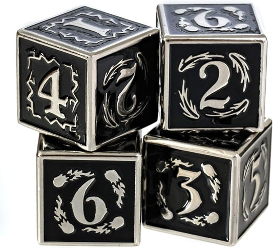 Metal Dice Set Collection for DND and All TRPG Games (Nightwatch, Silver 4D6)