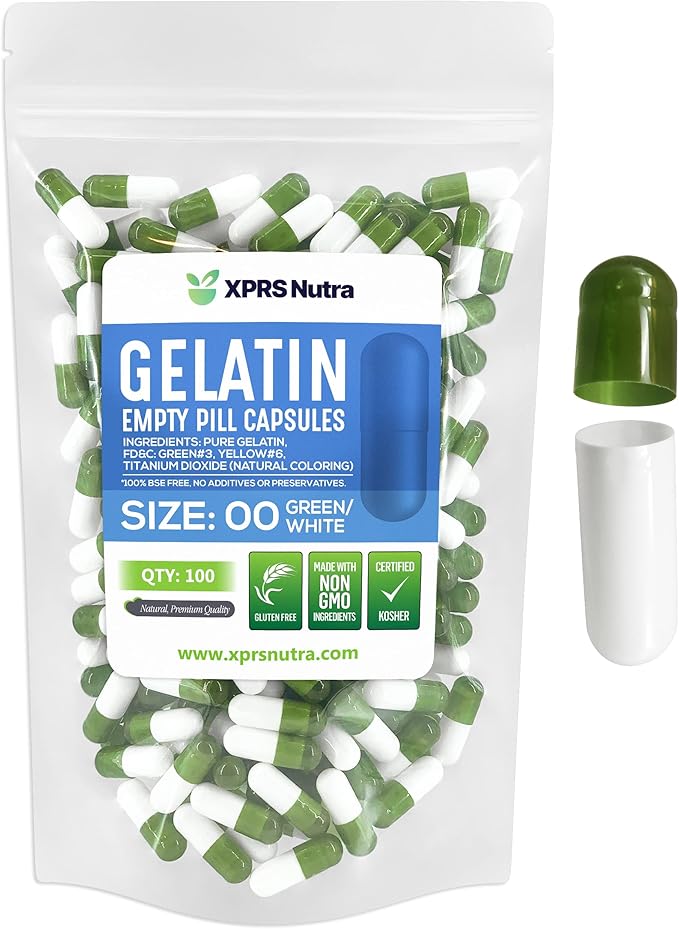 XPRS Nutra Size 00 Empty Capsules - 100 Count Gelatin Capsules - DIY Fillable Pill Caps (Green/White)