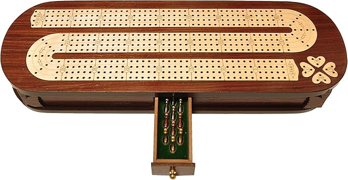 PALM ROYAL HANDICRAFTS 4 Track Wooden Cribbage Board Set Inlaid in Rose Wood and Maple Wood with pegs and Cards. Storage Available. 4 Player Cribbage Board (15 x 5 Inches)