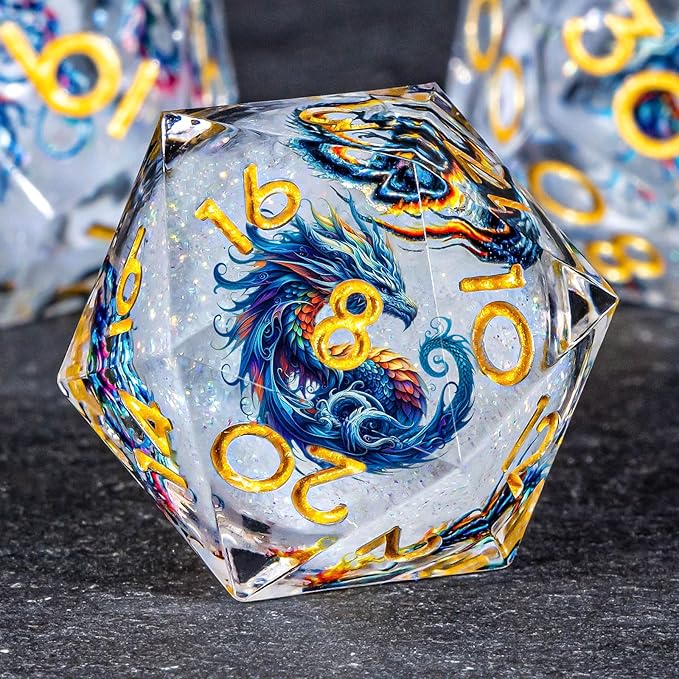 OUKELANWO Liquid Core Dragons Stickers DND Dice Set D&D, 7Pcs Dungeons D and D Role Playing Dice with Gift Box, Resin Sharp Edge Dice D20 D12 D10 D8 D6 D4, White Gold