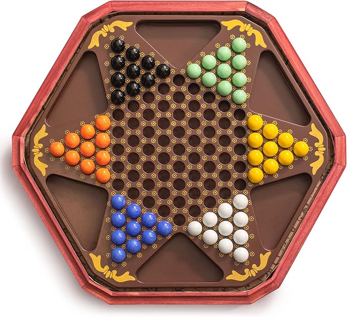 Yellow Mountain Imports Classic Chinese Checkers Halma Board Game Set with Storage, 12.6-inch Wooden Board, and Solid Color 16-Millimeter Glass Marbles