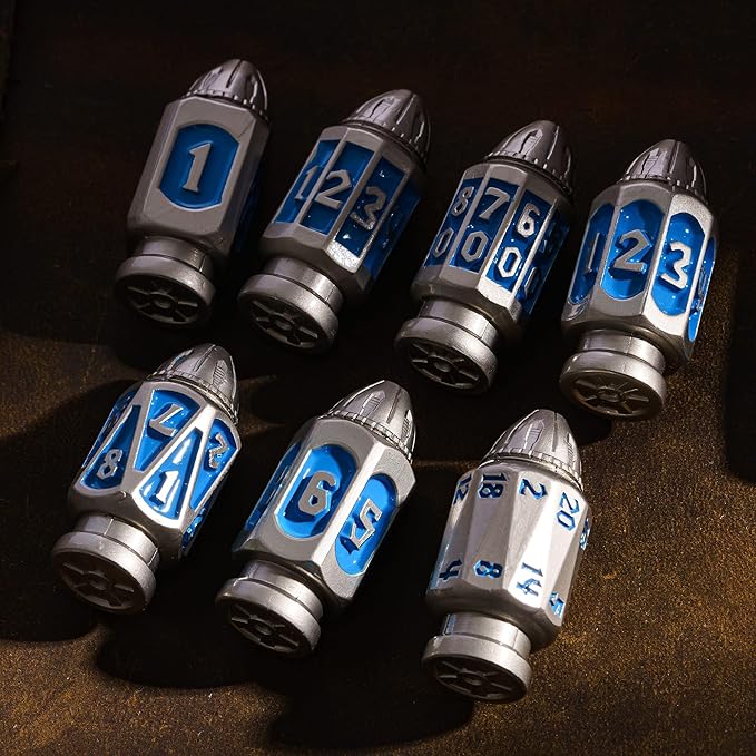 UDIXI Metal DND Bullet Dice Set with Unique Container, 7-Die Solid Metal Polyhedral Dice Set for D&D, Role Playing Game or Other Tabletop Games(Nickel Blue)