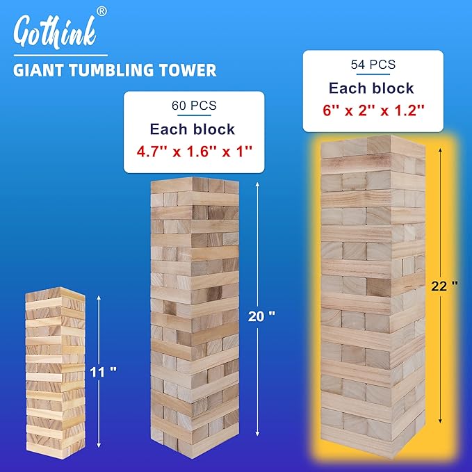 GOTHINK Giant Tumble Tower Game, Large Tumbling Tower Stacking to Over 4 FT 54pcs Wooden Jumbo Blocks for Outside Yard Games with Carry Case Timber Stacking Game Night Toy Gift for Kids Adults Family