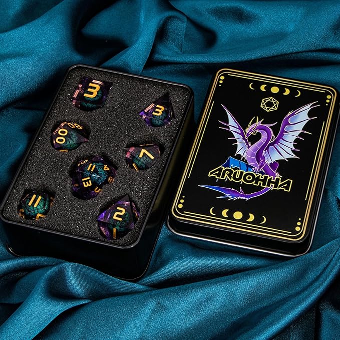 ARUOHHA Dragon Eye DND Dice, Purple Green Resin Sharp Edged Dice Set RPG Role Playing Game, Liquid Core Polyhedral D and D Dice Set D20 D12 D10 D8 D6 D4