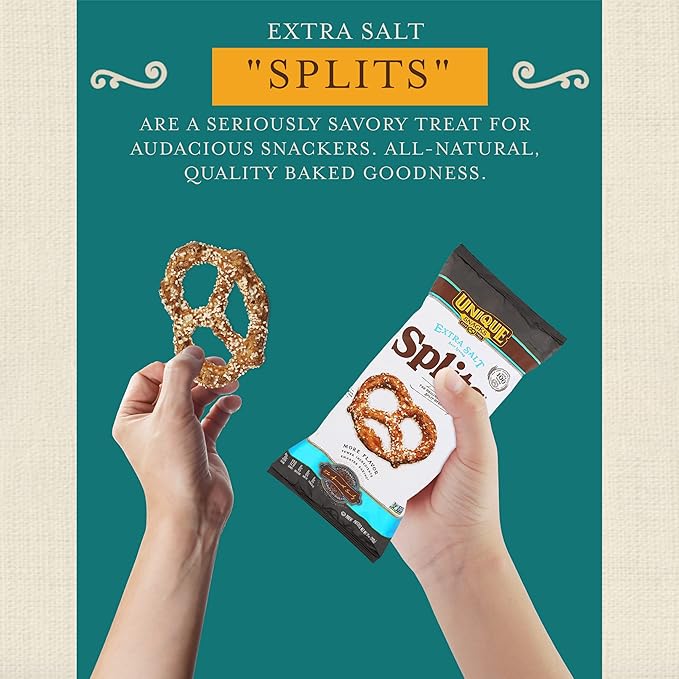 Unique Snacks Extra Salt Splits Pretzels, Original Split-Open Pretzels, Delicious Homestyle Baked Snack Bag, OU Kosher, and Non-GMO Food, No Artificial Flavor, 11 Oz. Bag, Pack of 3