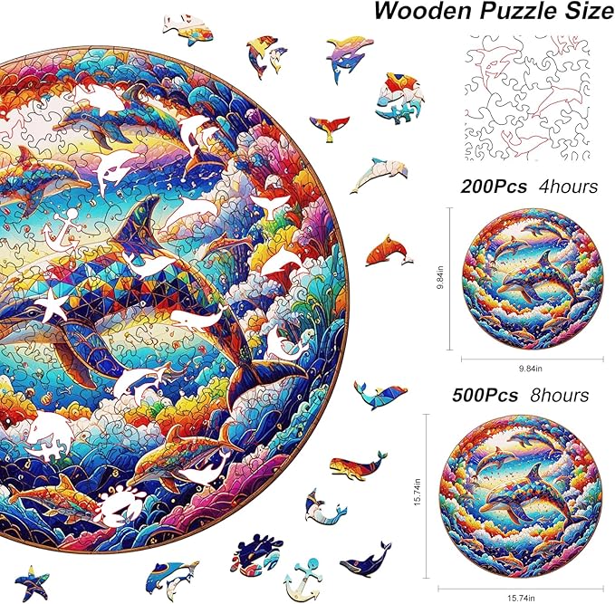 Wooden Puzzle for Adults โ Unique Dolphin-Shaped Jigsaw, Colorful Ocean Animal Design Brain Teaser for Kid & Teen, 220 Pieces, 10"x10", Ships as Whole Puzzle Board, Gift-Ready Box, Fun Family Game
