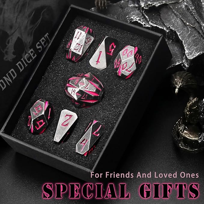 DND Metal Dice Set, ZHOORQI 7 Pcs Polyhedral Dice, Perfect for Dungeons and Dragons, RPG Role Playing Games - Unique Cool Dice with Stonehenge Themed Design for Game Gifts(Black Pink)