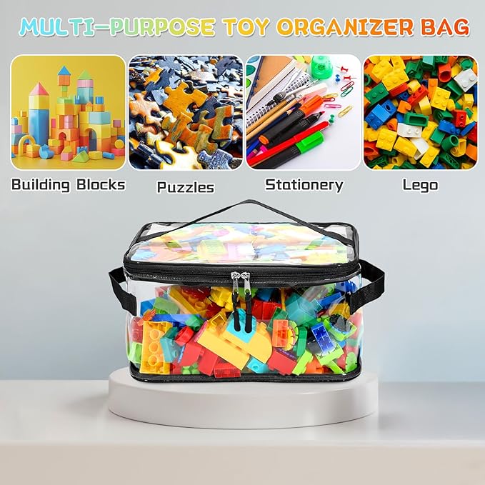 8 Pack Extra Large Clear Toy Storage Bags, Large Capacity Transparent Waterproof PVC Toy Organizing Bags with Name Tag and Manual Pocket for Building Blocks Board Games, Puzzle, Kids Books (Black)