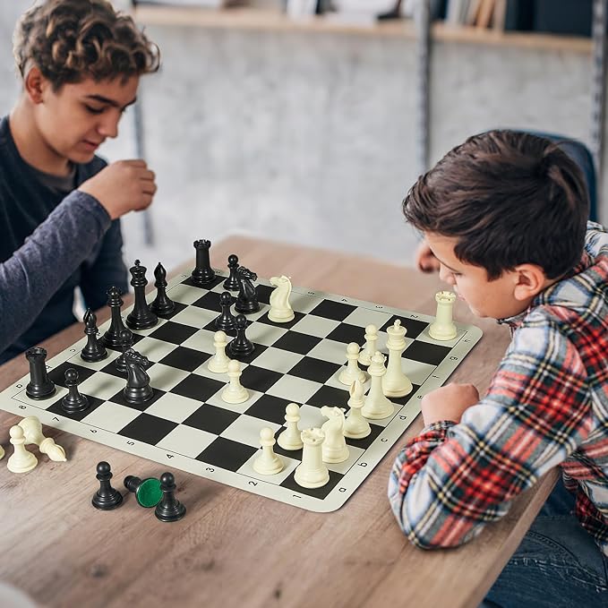 Tournament Chess Set with 20" Silicone Chess Board Mat - 4" King Plastic Weighted Staunton Pieces 2 Extra Queens - Portable EVA Carrying Case for Travel