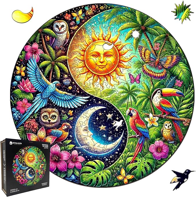 Wooden Puzzle for Adults โ Tropiacl Yin-Yang Shaped Jigsaw, Unique Brain Teaser for Kid & Teen, 220 Pieces, 10"x10", Ships as Whole Puzzle Board (No Loose Pieces), Gift-Ready Box, Fun Family Game