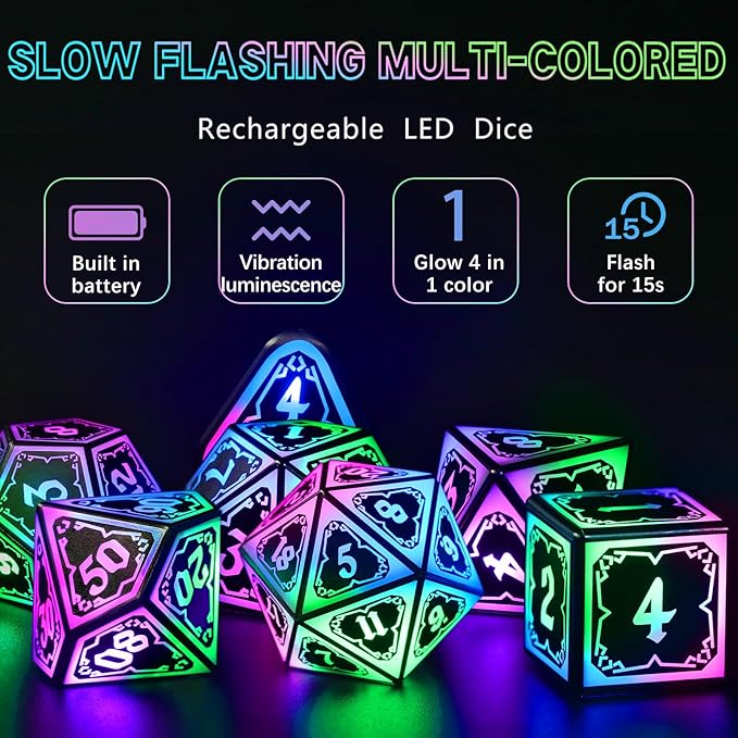 Light Up Dice Set D and D for Dungeons and Dragons 4 in 1 Color, Cool LED DND Dice with Charging Box Rechargeable Polyhedral Role Playing Dice for DND Gifts RPG (Astral Shard Mixed Colors)