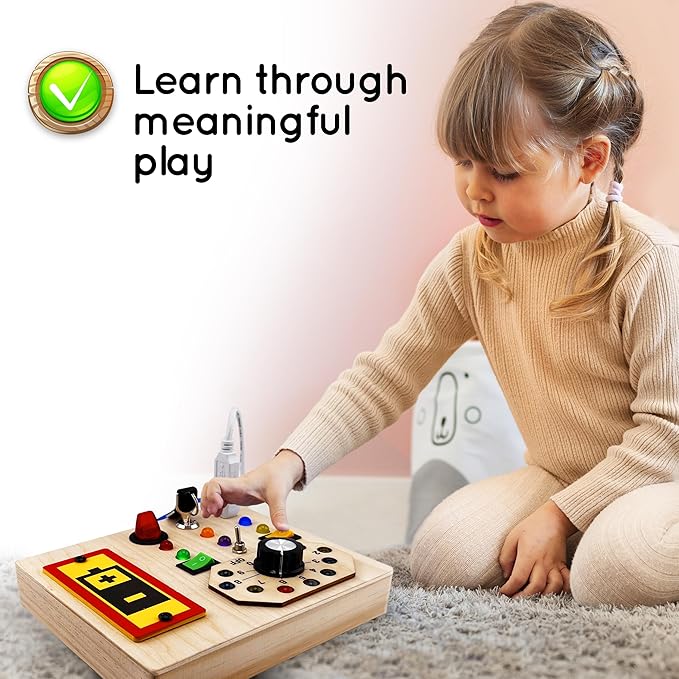 Wooden Montessori Musical Busy Board for Toddlers for 3-5 Year-Old with Mechanical Turner, Colorful Bulbs, Switches, Buttons - Enhance Sensory, Motor Skills (Updated)